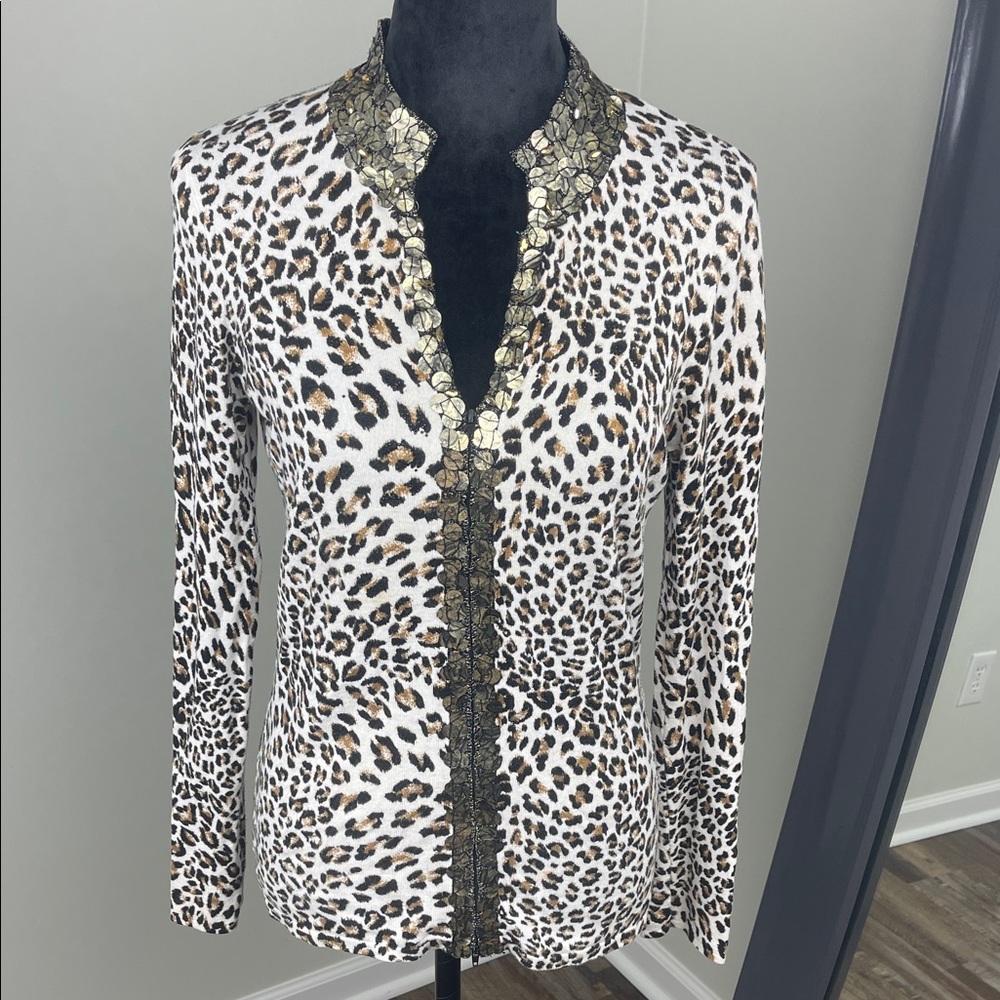 Alberto Makali Leopard Print Zip-Up Sweater Top Sequin Trim Size S